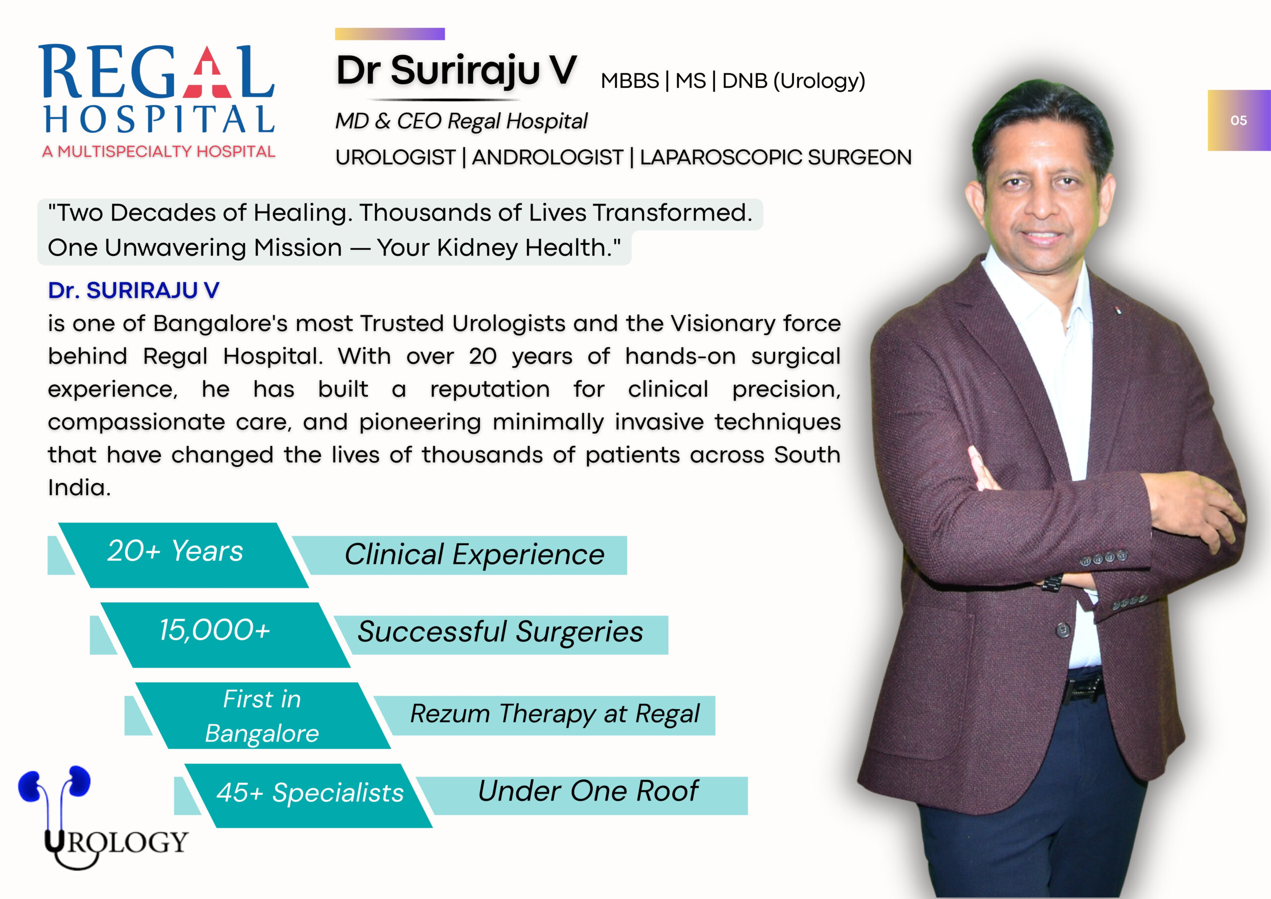 Founder & CEO of Regal Hospital, Bengaluru, a NABH-accredited healthcare institution focused on advanced urology and specialty care.